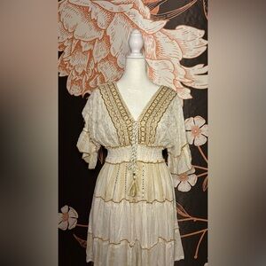 Boho/Indian-Inspired Tiered V-Neck Dress in Cream with Gold Trim